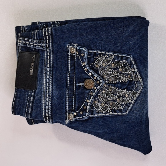 Grace in LA Bootcut Wing Bling Button Flap Back Pockets Size 27 - Picture 4 of 17